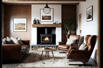 Generative AI Simple living room in a modern farmhouse with little decoration Brown leather sofa and armchairs