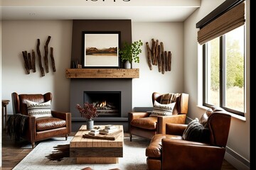 Generative AI Simple living room in a modern farmhouse with little decoration Brown leather sofa and armchairs - obrazy, fototapety, plakaty