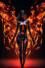 Demonic sexy female devil or vampire with flames and fire. Designed using generative ai. 