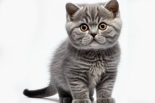 Portrait of a cute silver tabby British Shorthair grey kitten cat on white background isolated, closeup cat photo. A beautiful cat photo for advertises.