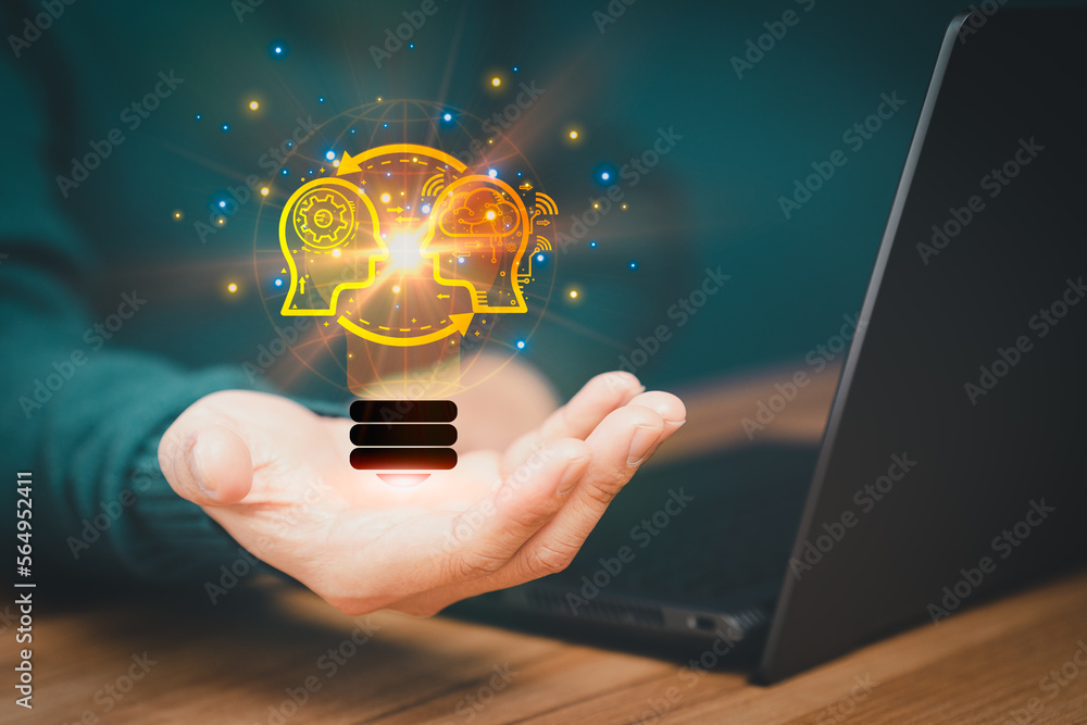Poster man holding abstract light bulb icon while working on computer thinking and create new ideas, with t