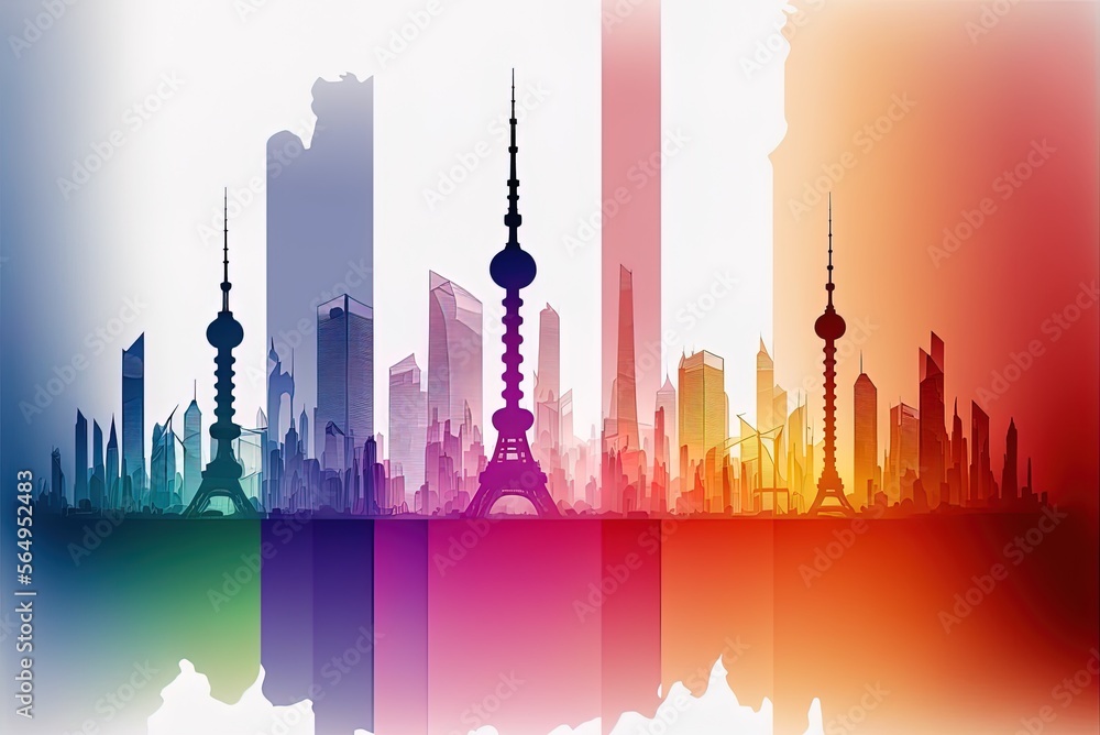 Poster skyline of shanghai in a transparent layer gradient on a white backdrop. generative ai