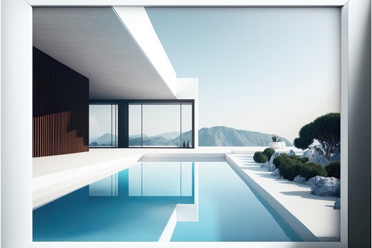 Generative AI  beautiful white residential villa with modern architecture and swimming pool