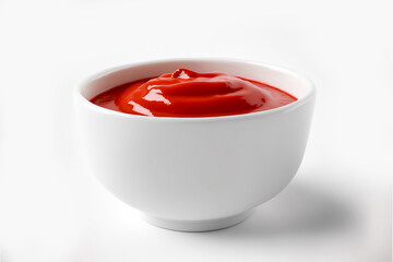 Delicious ketchup in white bowl isolated on white background. Portion of tomato sauce with clipping path. Collection of various sauces