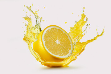 Lemon fruit with splashing lemon juice isolated photo. Lemons whole, half, slice on white background. Lemon slices with leaf and zest isolated. With clipping path. Full depth of field.