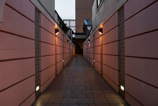 Closeup corridor of a residential complex in the evening
