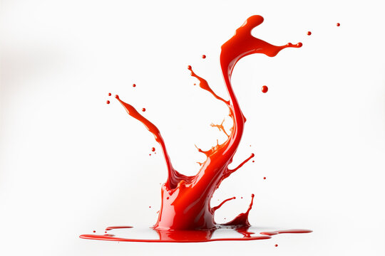 Red paint splash. Tomato, strawbery or red juice splashing. Ketchup splash on isolated white background. Food photography. With clipping path. Full depth of field.