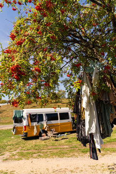 Laundry drying in the sun in camper van
