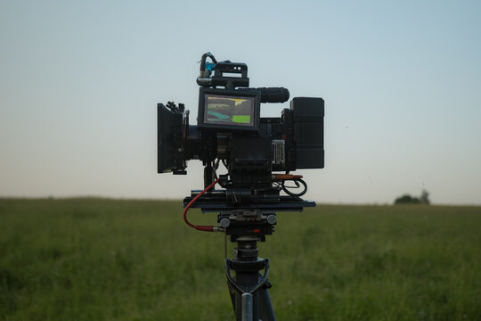 Cinema Movie Camera On Steady Cam Gear Outdoors Filming