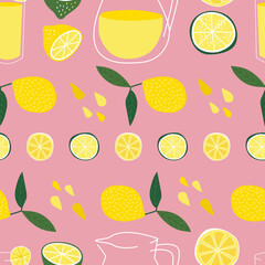 Lemonade jug and glass. Lemon clipart in green and yellow on pink background. Citrus Fruit, Lemon, Lime, Lemon slice, Lemon half. Vector repeat pattern