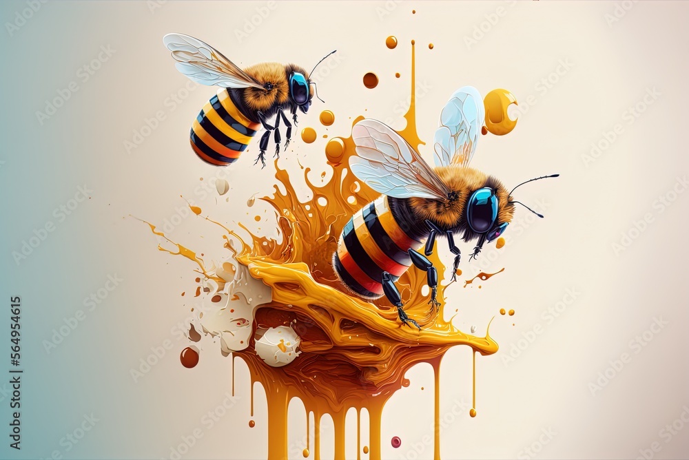 Poster a realistic color image of honey dripping and bees buzzing generative ai