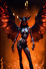 Demonic sexy female devil or vampire with flames and fire. Designed using generative ai. 