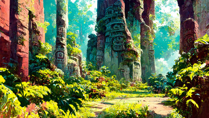 Naklejka premium forest Mayan style ancient culture illustration art Generative AI Content by Midjourney