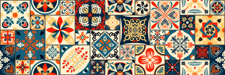 Set of patterned azulejo floor tiles. Abstract geometric background. Vector illustration, seamless mediterranean pattern. Portuguese floor tiles azulejo design. Floor cement talavera tiles collection.