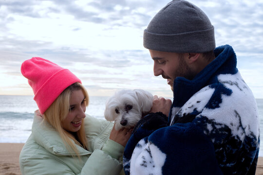 Friends at the beach with a dog