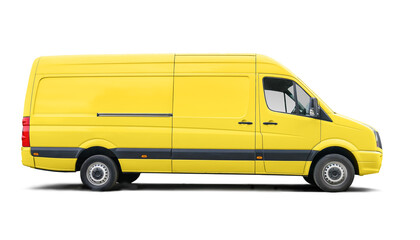 Yellow delivery van, side view with blank panels isolated on a white background
