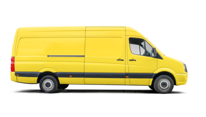 Yellow delivery van, side view with blank panels isolated on a white background