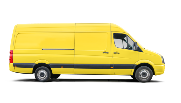Yellow delivery van, side view with blank panels isolated on a white background