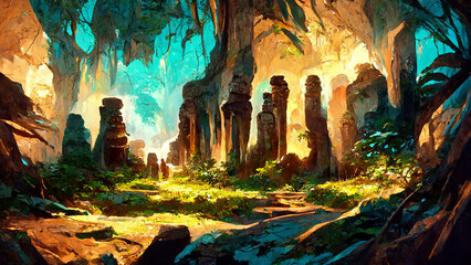 Mayan civilization forest land cave illustration art Generative AI Content by Midjourney