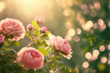 Beautiful blooming roses in the garden at sunset. Nature background generative ai