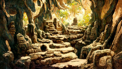 Fototapeta premium Mayan civilization forest land cave illustration art Generative AI Content by Midjourney