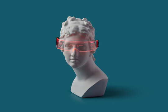 Greek goddess bust in trendy cyberpunk glasses.