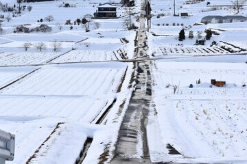 滋賀県里山に積もった雪と真っ直ぐに伸びる田んぼ道