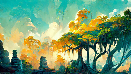 Mayan forest in the sunny morning illustration art Generative AI Content by Midjourney