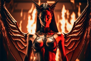 Sensual seductive sexy female devil with flames and fire in hell. Designed using generative ai. 