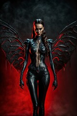 Fototapeta premium Sensual seductive sexy female devil with flames and fire in hell. Designed using generative ai. 