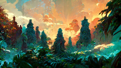 Fototapeta na wymiar Mayan forest in the sunny morning illustration art Generative AI Content by Midjourney