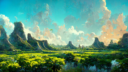 Mayan forest in the sunny morning illustration art Generative AI Content by Midjourney