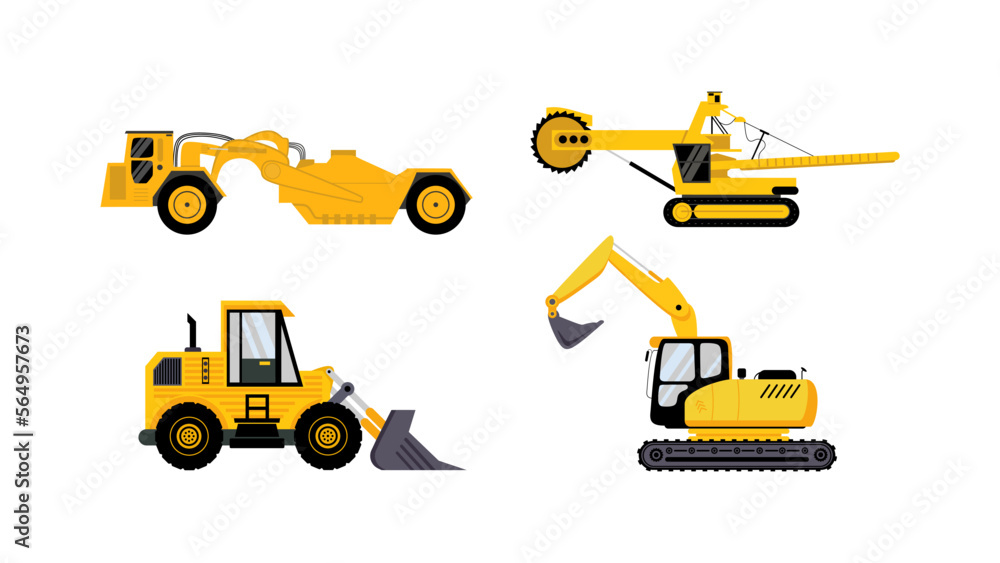 Poster four mining vehicle set flat element isolated on white background.