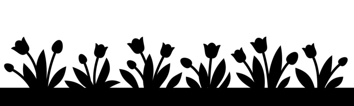 recommend clip art: Black silhouettes of blooming tulips on a white background.  