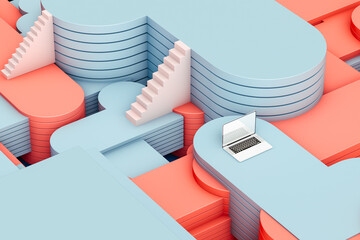 Laptop on an abstract background with geometric shapes