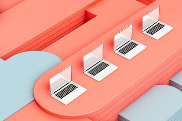 Laptops on an abstract background with geometric shapes