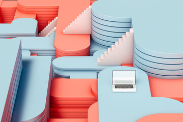 Laptop on an abstract background with geometric shapes
