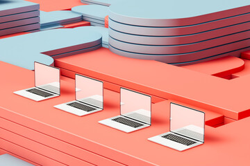 Laptops on an abstract background with geometric shapes