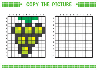 Fototapeta premium Copy the picture, complete the grid image. Educational worksheets drawing with squares, coloring cell areas. Children's preschool activities. Cartoon vector, pixel art. Green grapes illustration.