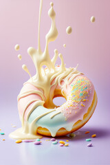 Donut beignet coloré en mouvement. Photographie culinaire de dessert en studio. Generative AI.