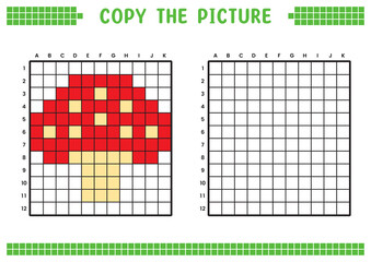 Copy the picture, complete the grid image. Educational worksheets drawing with squares, coloring cell areas. Children's preschool activities. Cartoon vector, pixel art. Mushroom illustration.