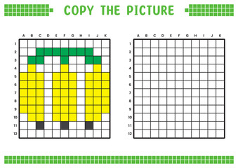 Fototapeta premium Copy the picture, complete the grid image. Educational worksheets drawing with squares, coloring cell areas. Children's preschool activities. Cartoon vector, pixel art. Banana illustration.