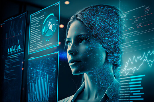   digital dashboard in 2023 against blue hologram. Artificial intelligence (AI), support for machine learning to accelerate business growth. Futuristic technology trend concept