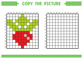 Fototapeta premium Copy the picture, complete the grid image. Educational worksheets drawing with squares, coloring cell areas. Children's preschool activities. Cartoon vector, pixel art. Red radish illustration.