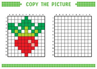 Copy the picture, complete the grid image. Educational worksheets drawing with squares, coloring cell areas. Children's preschool activities. Cartoon vector, pixel art. Radish illustration.
