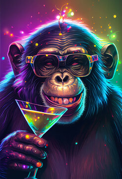 fr&ouml;hlicher Schimpanze mit Brille auf Party in Partystimmung. Generative Ai.