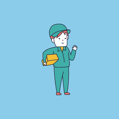 荷物を小脇に抱えて手を挙げる作業着の男のイラスト素材｜mayucolor09