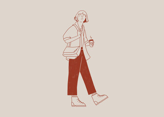 Flat style female with coffee strolling