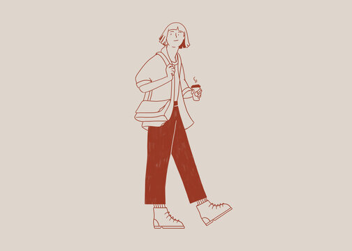 Flat style female with coffee strolling