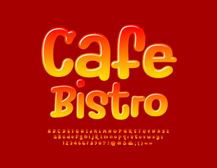 Vector advertising emblem Cafe Bistro. Bright Glossy Font. Modern handwritten  Alphabet Letters and Numbers set